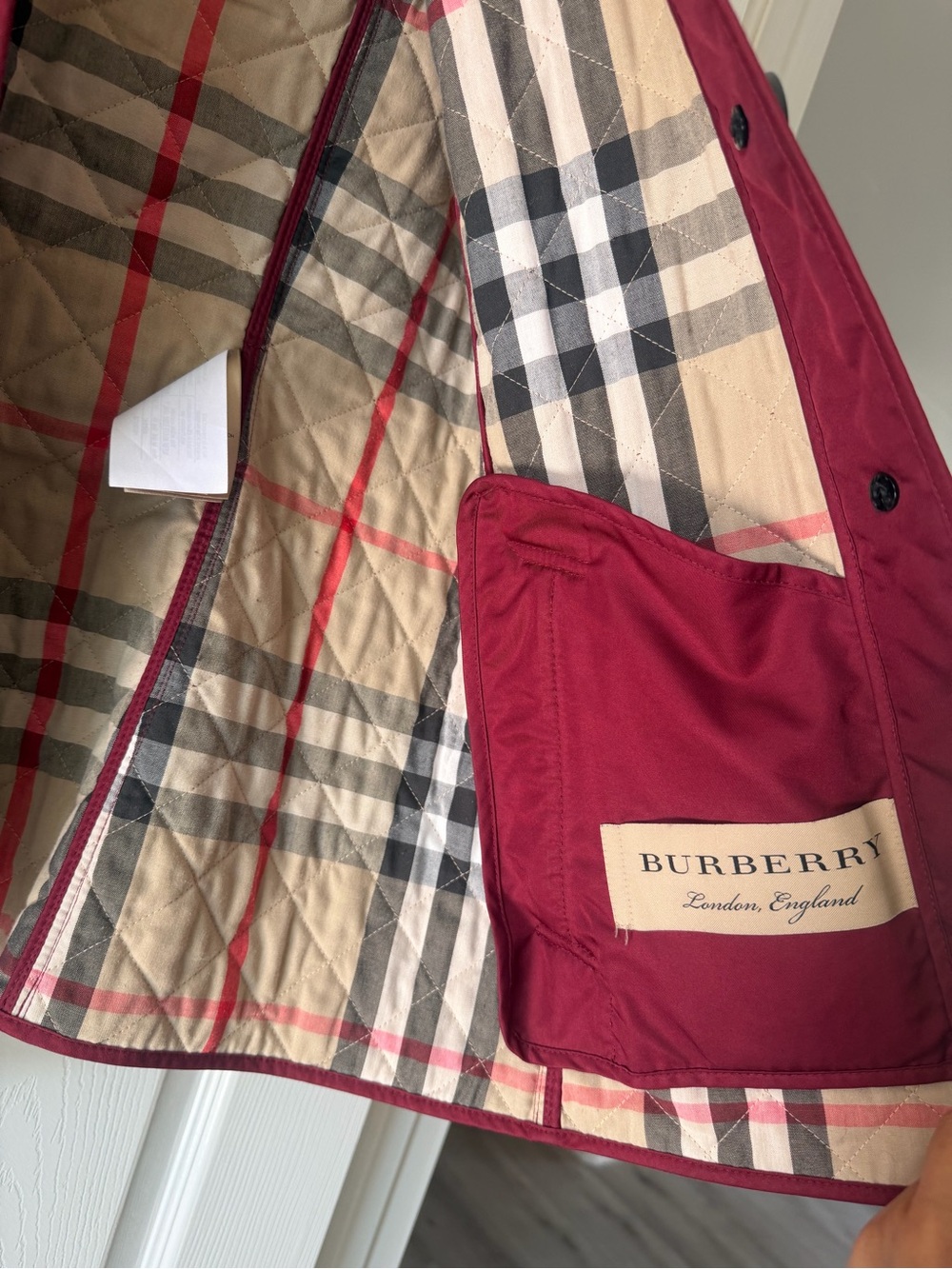Burberry Quilted Burgundy Red women's Puffer Jacket with Check Trim - Picture 5 of 13